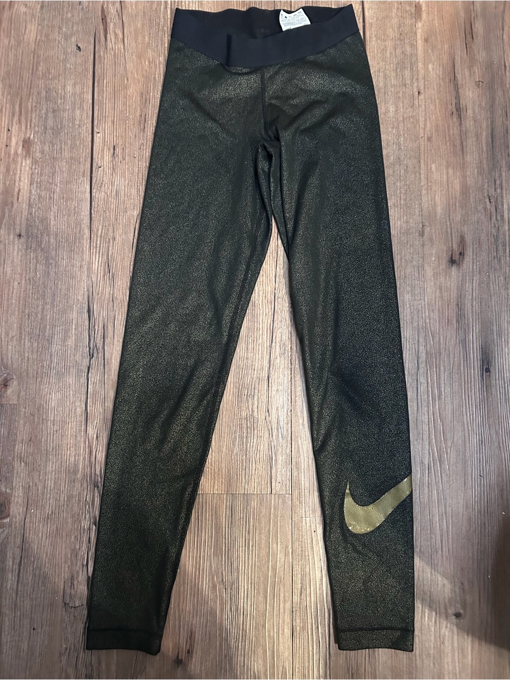 Nike Black Leggings with Metallic Gold Swoosh